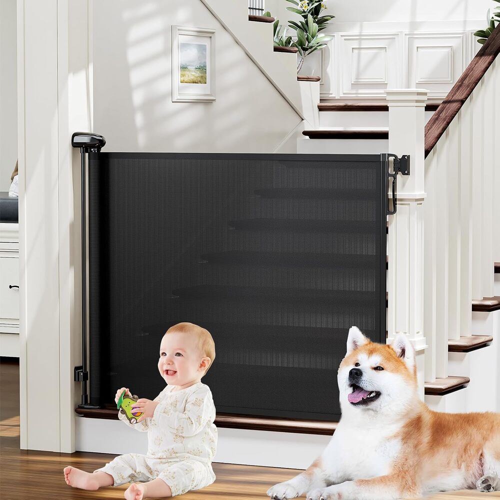 PRObebi Retractable Baby Gate Dog Gate for Stairs Doorways 0-54" Wide Black